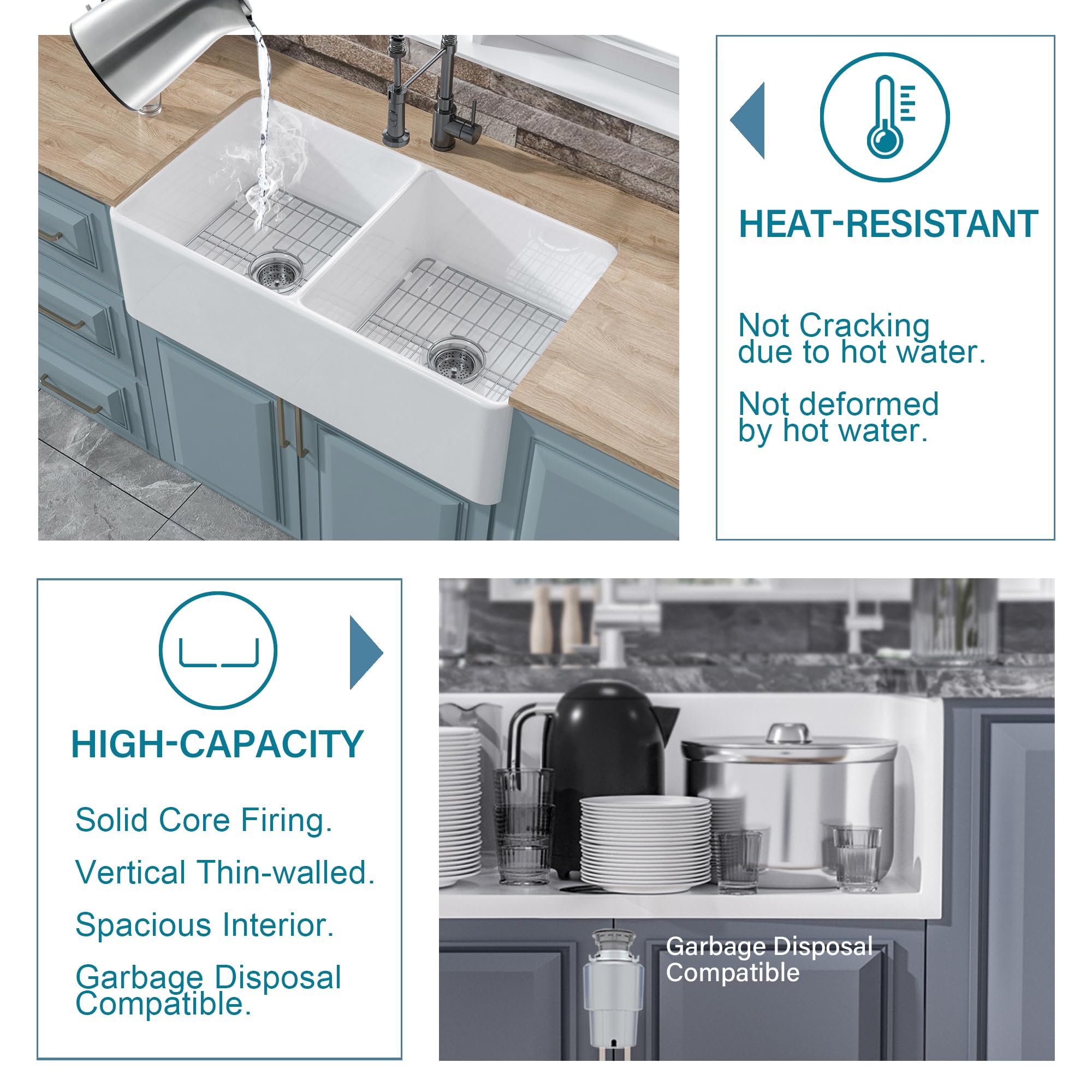Premium 33 x 18 Inch White Farmhouse Sink Double Bowl - Fireclay Apron Front Undermount Kitchen Sink with 2 Accessory Types (Sleek/Fluted Reversible Design) | Pure White Farmhouse Style | Perfect for Rustic Kitchens, Modern Farmhouse Renovations & Chef-Inspired Cooking Spaces