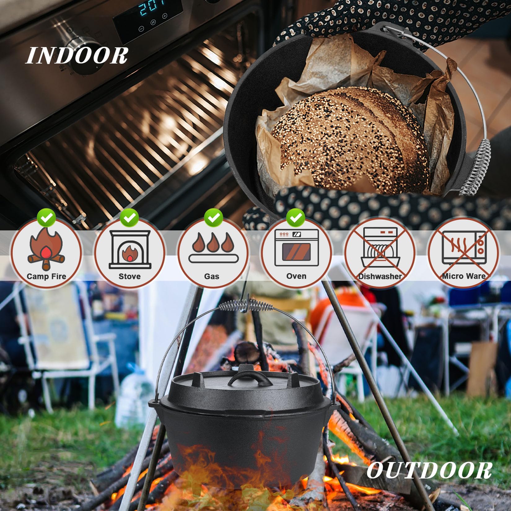 Joyfair Pre-Seasoned Cast Iron Dutch Oven Set with Griddle Skillet Lid - 7.6QT Camping Pot & 2QT Lid - Includes Lid Lifter, Iron Stand & Cleaner - Perfect for Stewing, Baking Sourdough Bread & Outdoor Cooking - Ideal for Camping, Backpacking & Home Kitchen Use