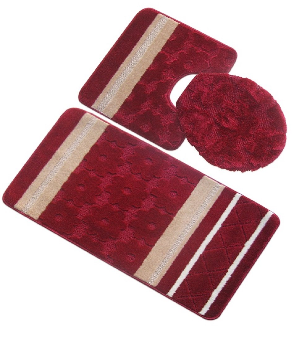 Premium 3-Piece Oversized Bath Rug Set - Soft Non-Slip Mosaic Design in Burgundy | Plush Bathroom Mat for Master Bath, Guest Room & Spa Retreat