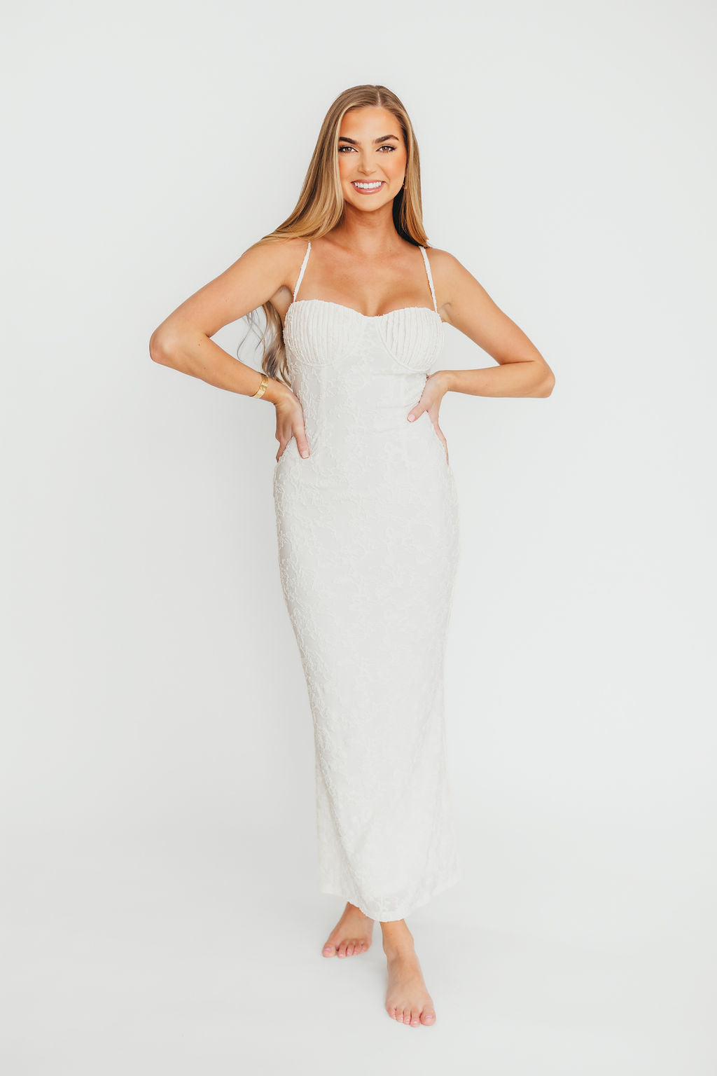 Amira Ruched Bustier Lace Up Back Maxi Dress in Ivory - Elegant Formal Gown for Weddings, Prom & Evening Events