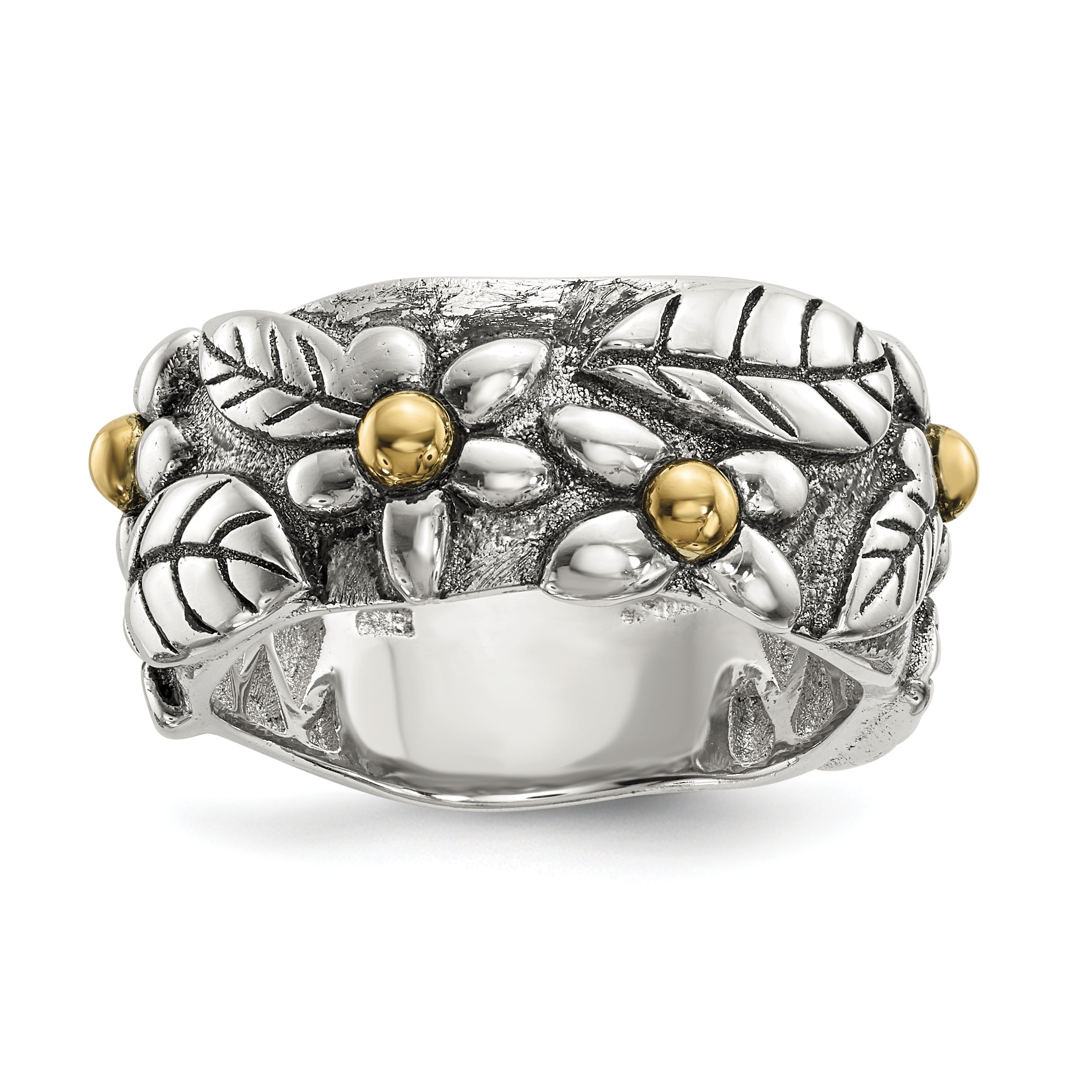Antique Sterling Silver & 14K Yellow Gold Leaf & Flower Band Ring for Women | Vintage Nature-Inspired Jewelry | Perfect for Weddings, Anniversaries & Everyday Wear