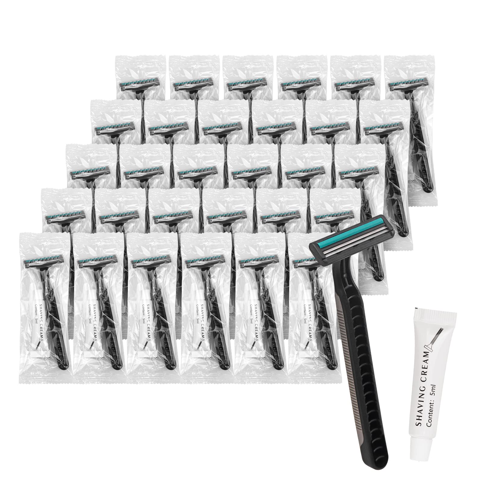 Bulk Disposable Razors with Blade Caps - 30 Pack Individually Wrapped Razors with Shaving Cream | Ideal for Hotels, Shelters, Charities, Nursing Homes & Travel | Grey Safety Razors for Men & Women