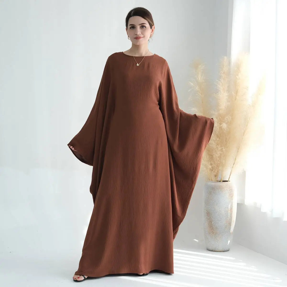 Wrinkle-Free Fabric Batwing Sleeve Farasha Abaya Dress with Inner Belt - Elegant Muslim Women's Prayer Dress for Special Occasions & Daily Wear