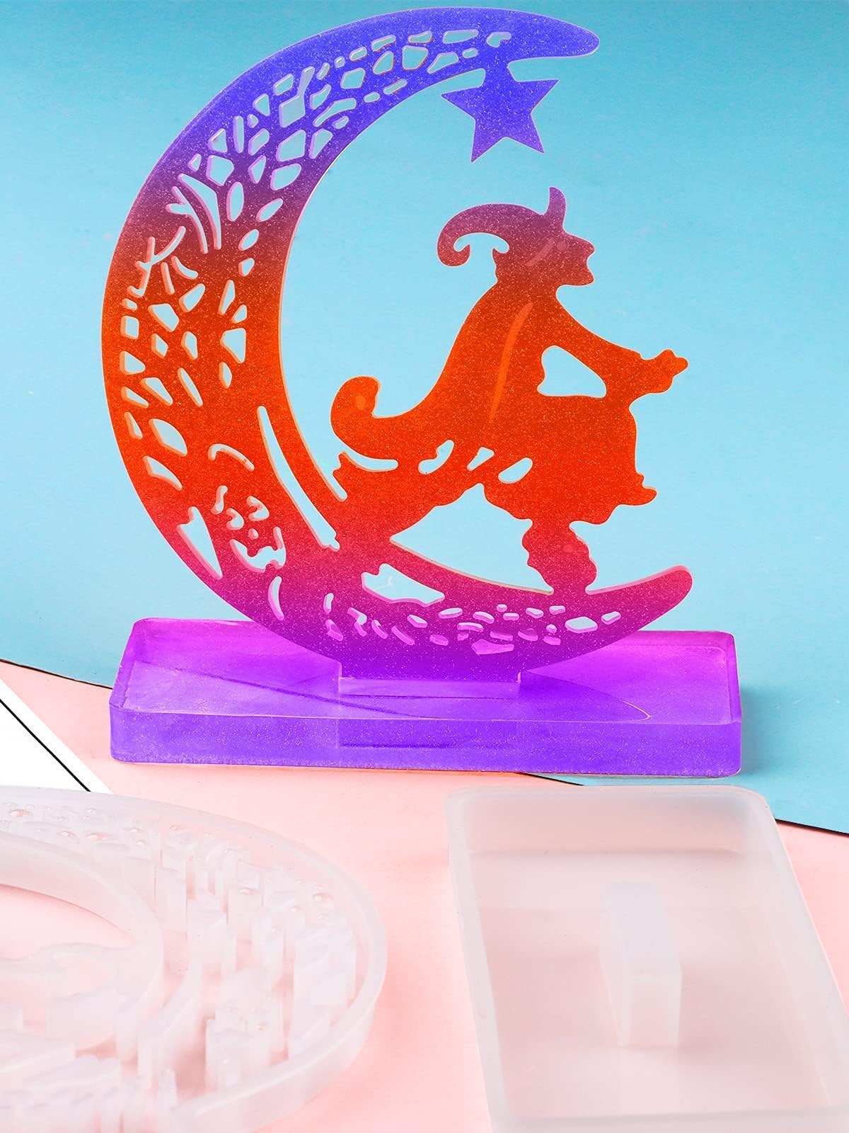 Kalolary 4Pcs Coffin & Crescent Moon Epoxy Resin Molds with Stand - DIY Silicone Craft Kits for Halloween Decor, Home Tabletop Accessories - Perfect for Jewelry Making, Resin Art Projects & Spooky Party Decorations
