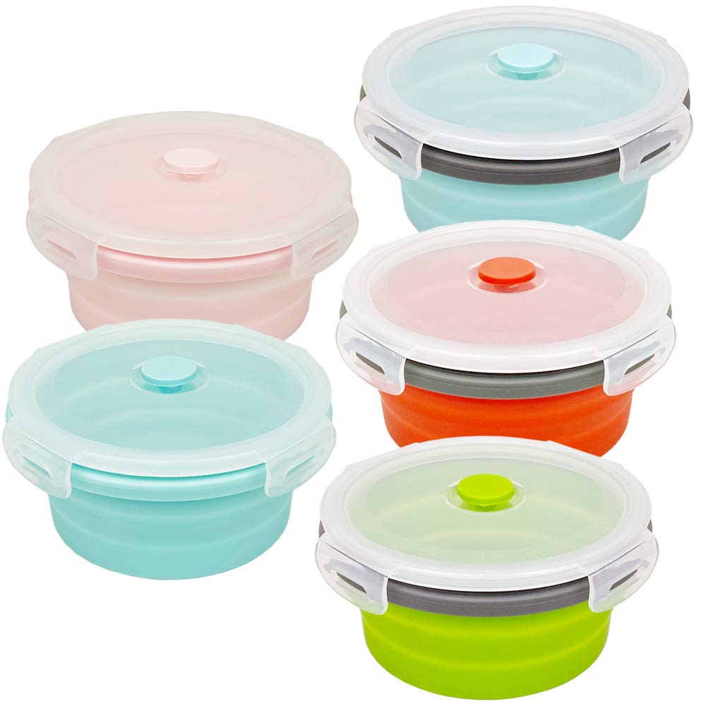 CARTINTS 800ml Silicone Collapsible Food Storage Containers - 5-Piece Set with Lids, Microwave & Freezer Safe - Perfect for Meal Prep, Lunch Boxes, and Kitchen Organization