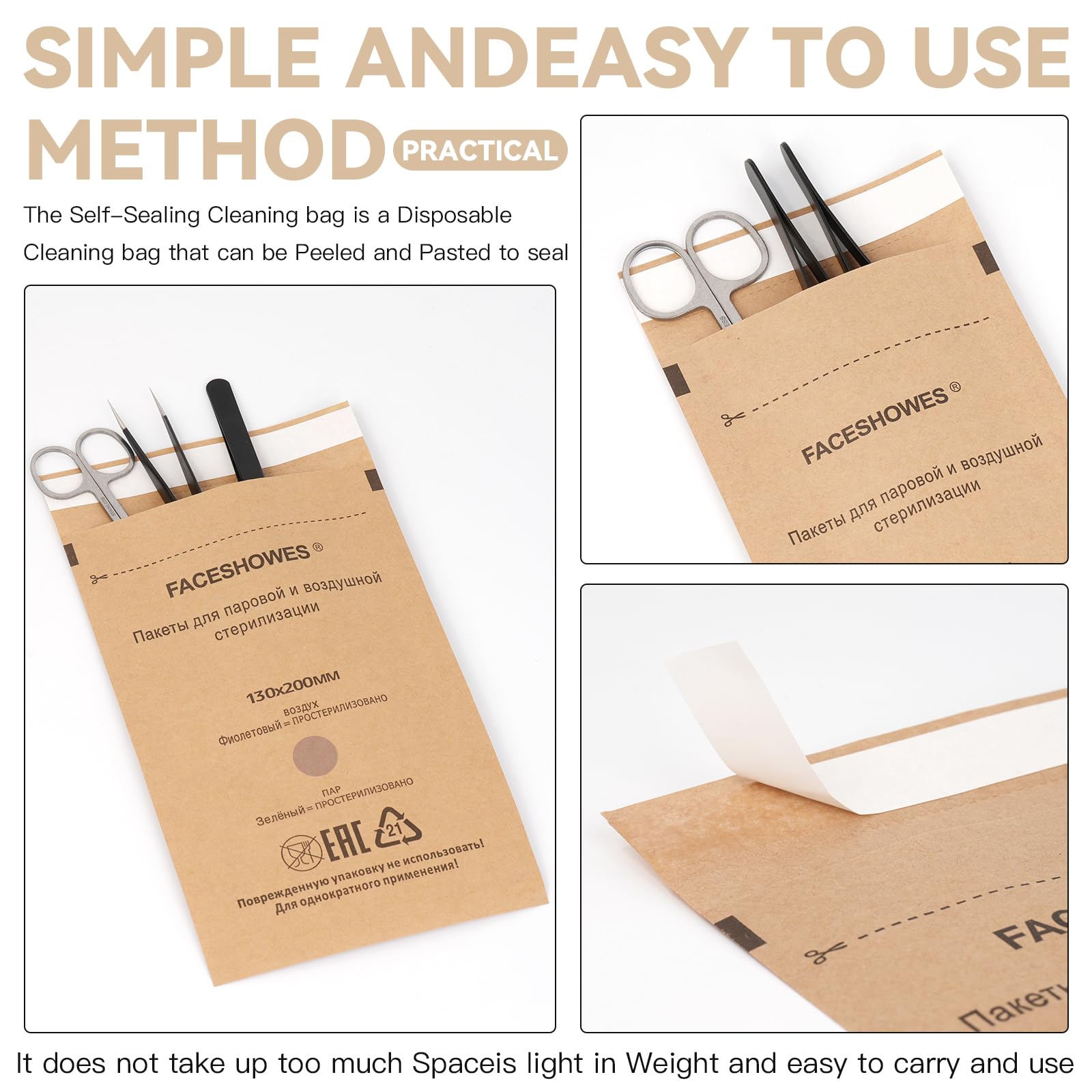 100PCS Self-Sealing Sterilization Pouches for Autoclave | Disposable Dry Heat Sterilizer Bags | Kraft Paper Cleaning Pouches for Nail Tools & Dental Instruments (100x200mm) | Ideal for Salon, Clinic & Tattoo Studio Use