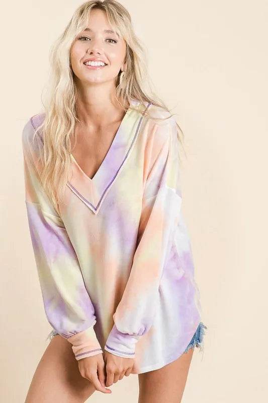 BiBi Tie Dye French Terry V-Neck Top with Puff Sleeves | Women's Casual Loose Fit T-Shirt | Perfect for Yoga, Beach & Summer Outfits
