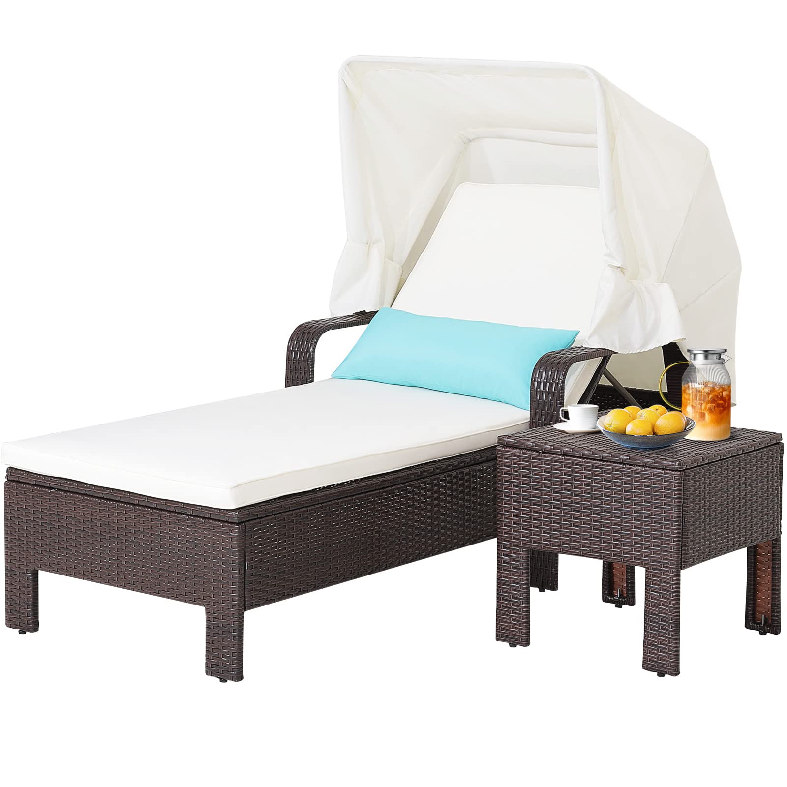 Tangkula Outdoor Chaise Lounge Chair Set with Folding Canopy & Adjustable Backrest - Patio Rattan Recliner with Cushion & Side Table - Perfect for Poolside Relaxation, Backyard Lounging & Beach Vacation