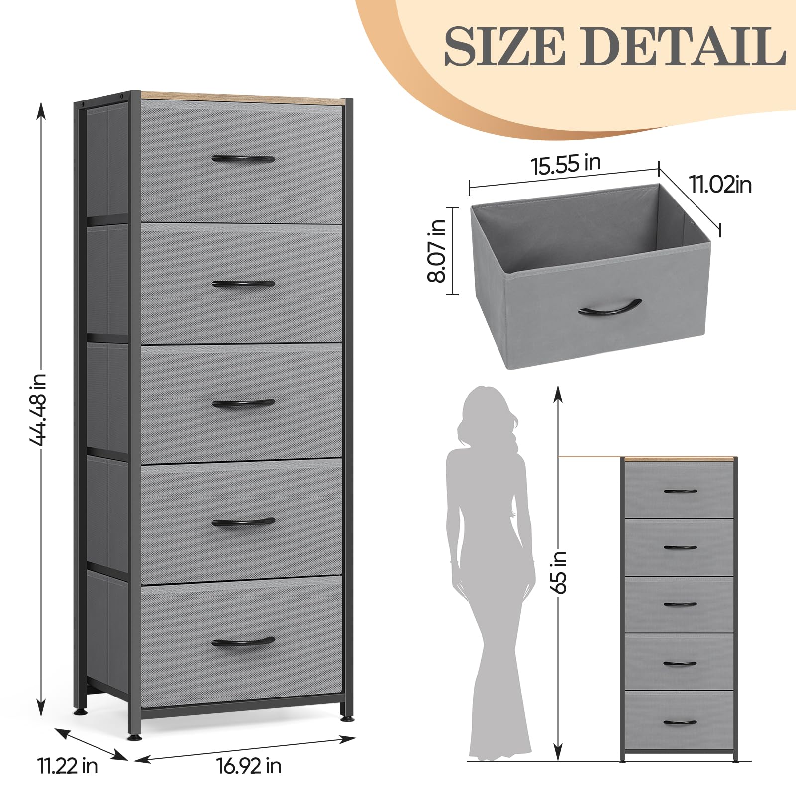 MOOACE 5-Drawer Dresser with Wooden Top - Tall Fabric Storage Tower Organizer for Bedroom, Closet, Living Room & Entryway - Sturdy Metal Frame in Grey - Perfect for Small Space Organization & Home Decor