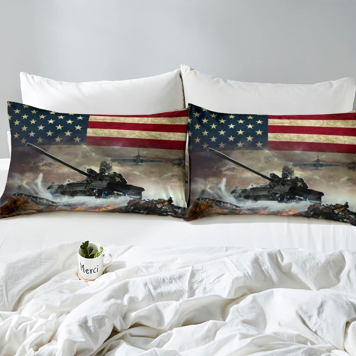 American Flag Duvet Cover Set - Military Theme Comforter Cover with Tank & Fighter Aircraft Design | Army Camouflage Bedding for Teen Boys, Adults & Men | 2-Piece Twin Size | Perfect for Patriotic Bedroom Decor & Veteran Gifts