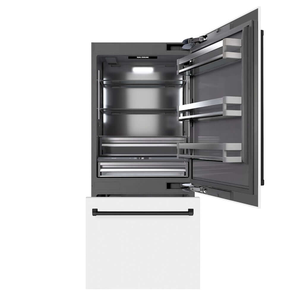ZLINE Autograph Edition 36 Inch Built-In Bottom Freezer Refrigerator - 19.8 cu ft Capacity, Water Dispenser & Ice Maker - White Matte Exterior with Graphite Gray Interior & Matte Black Accents (GRBITZ WM 36 MB) - Perfect for Modern Kitchens, Open Concept Homes & Luxury Appliances Collection
