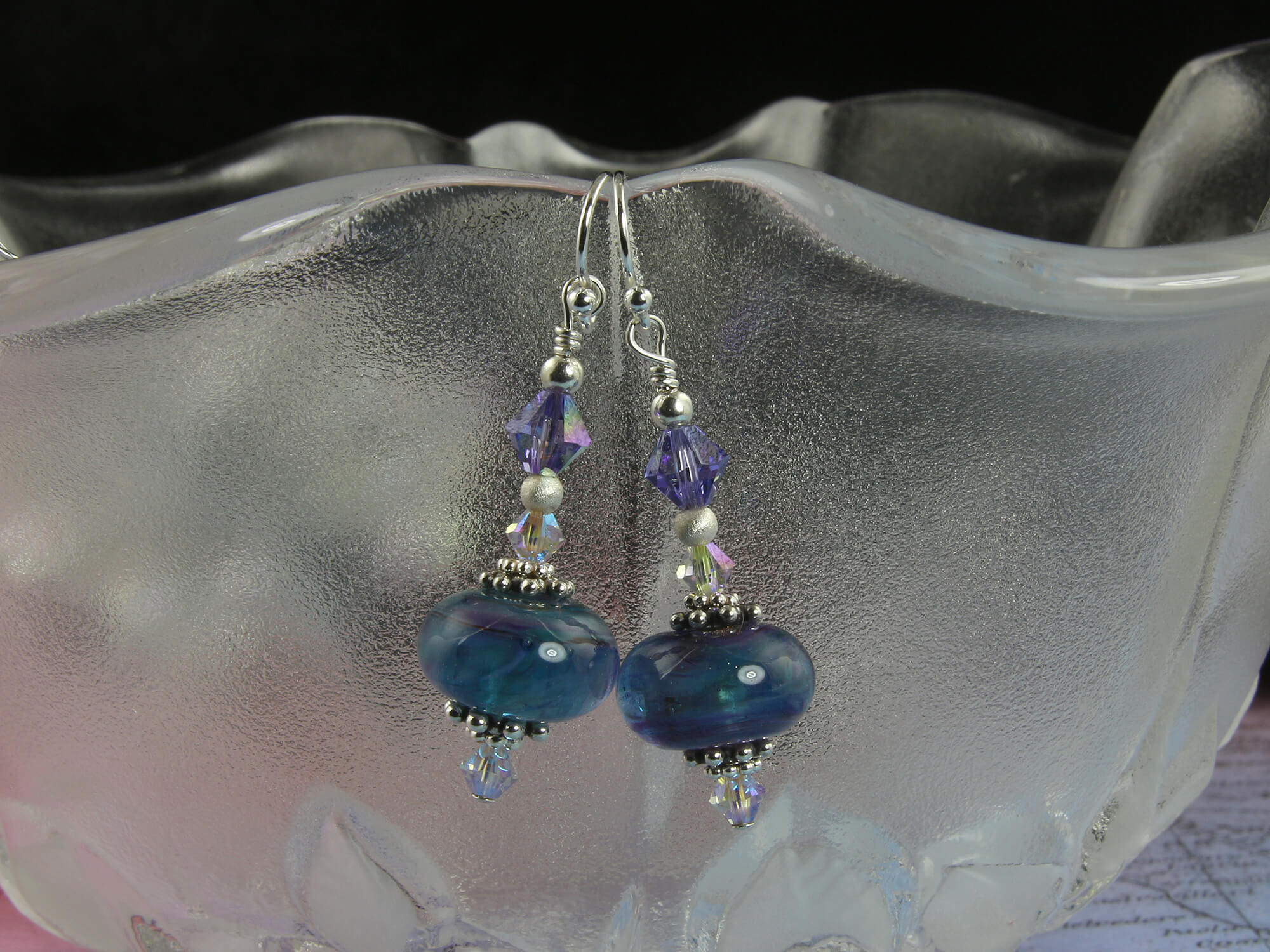 Handmade Dazzle Blue Swirls Lampwork Glass Earrings - Bohemian Style Jewelry for Women, Perfect for Parties, Weddings & Special Occasions