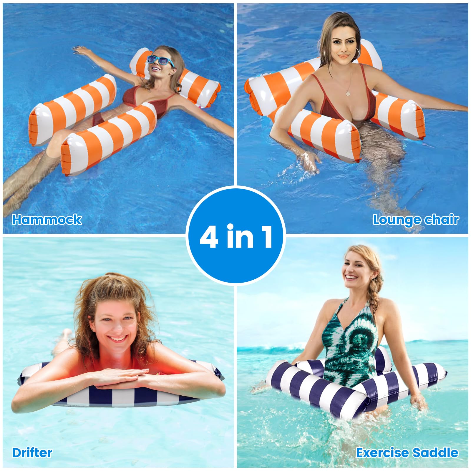 2 Pack Inflatable Pool Floats - 4-in-1 Pool Hammock with Bottom Mesh & 3 Tubes for Adults, Portable Floating Chair Bed for Travel, Swimming Pool, Hot Tub, Lake or Beach Relaxation