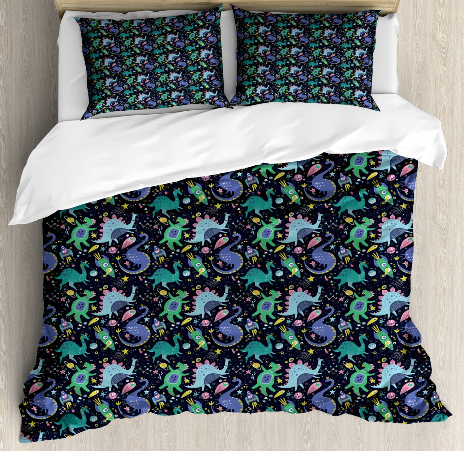 Ambesonne Dragon Duvet Cover Set - King Size 2-Pack with 2 Duvet Covers & 4 Pillowcases, Space Themed Hand-Drawn Universe Design Featuring Dinosaurs, Planets & Spaceships - Perfect for Kids' Bedrooms, Themed Decor & Fantasy Lovers