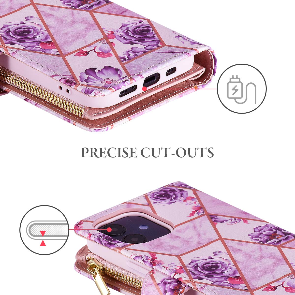 Premium PU Leather Wallet Case for iPhone 12 Pro Max - Magnetic Closure, Zipper Pocket, Kickstand & Card Slots with Hand Strap | Stylish Marble Flip Phone Case for Women (Purple Flower Design) | Perfect for Daily Use, Travel & Shopping