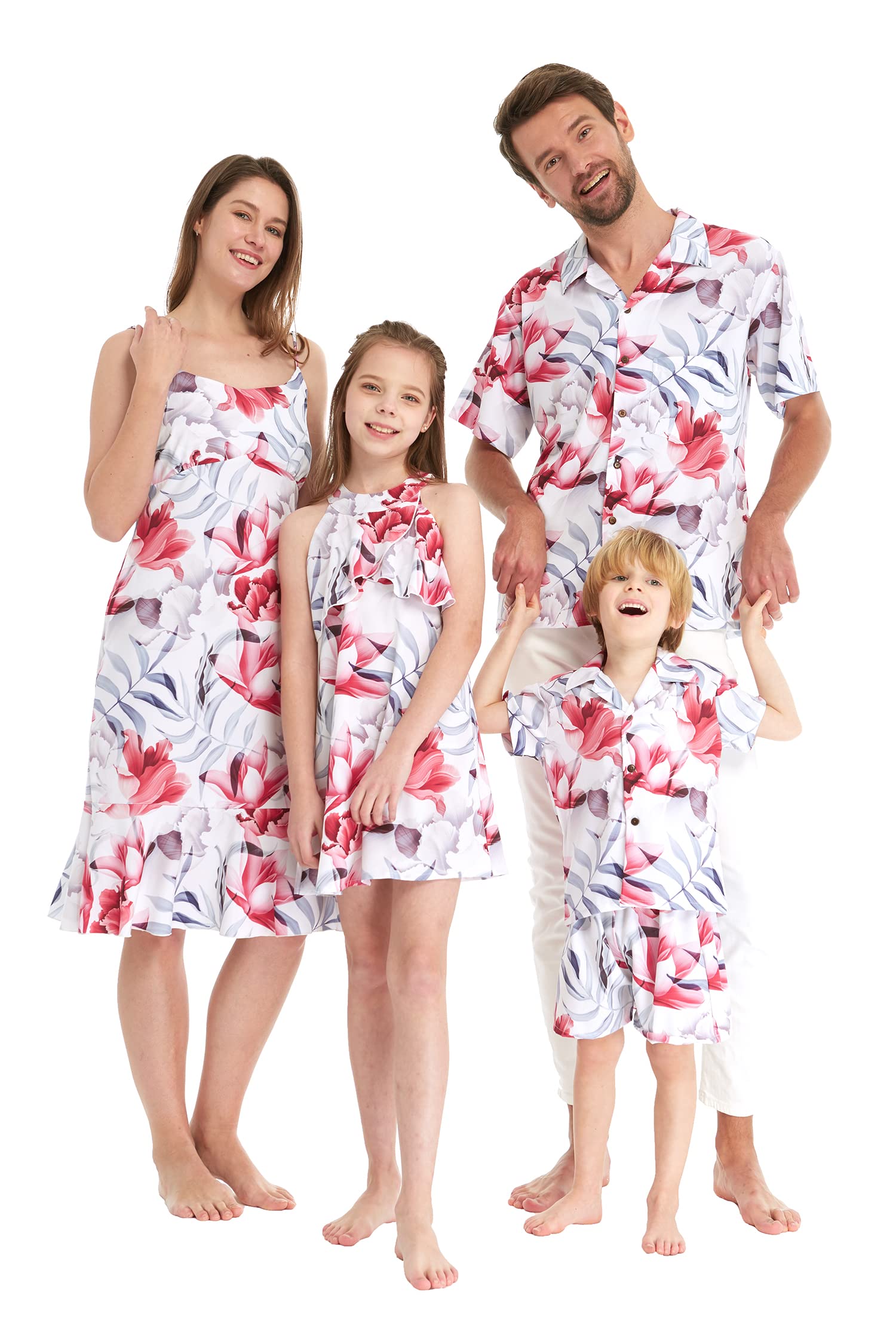 Hawaiian Luau Outfits for Family - Matching Aloha Shirts & Dresses for Men, Women, Boys & Girls in Misty Lotus White | Perfect for Beach Parties, Summer Vacations & Tropical Themed Events