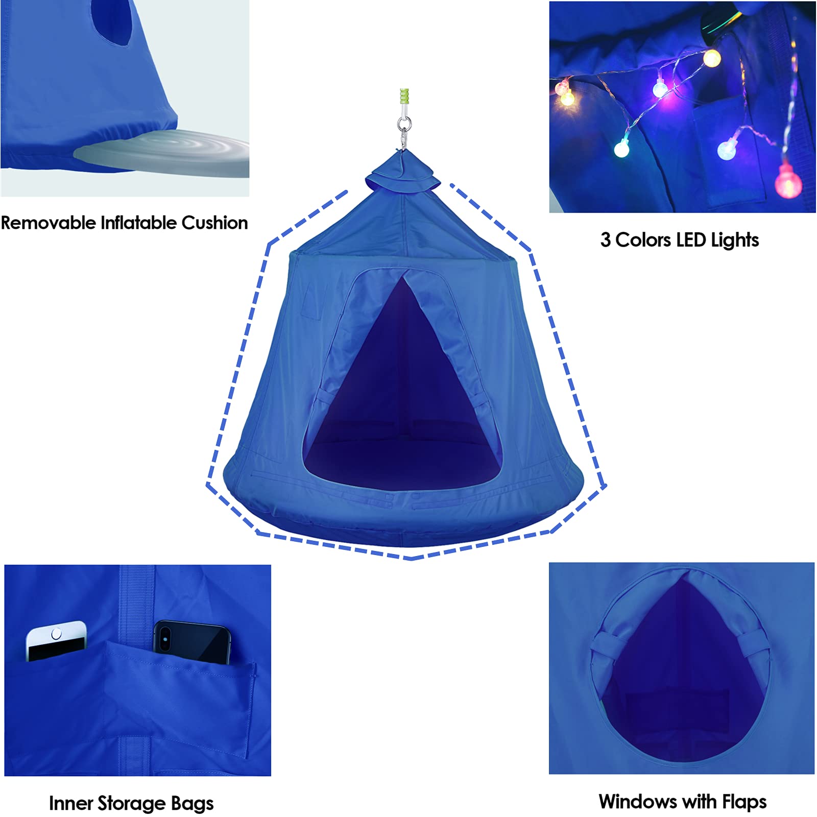**AthLike X-Shaped Hanging Tree Tent with Swing Chair & Hammock - Indoor/Outdoor Canopy with Steel Frame, Adjustable Stand for Patio, Garden, Balcony, Bedroom - 330lb Weight Capacity (Blue) - Perfect for Relaxation, Reading & Outdoor Lounging**