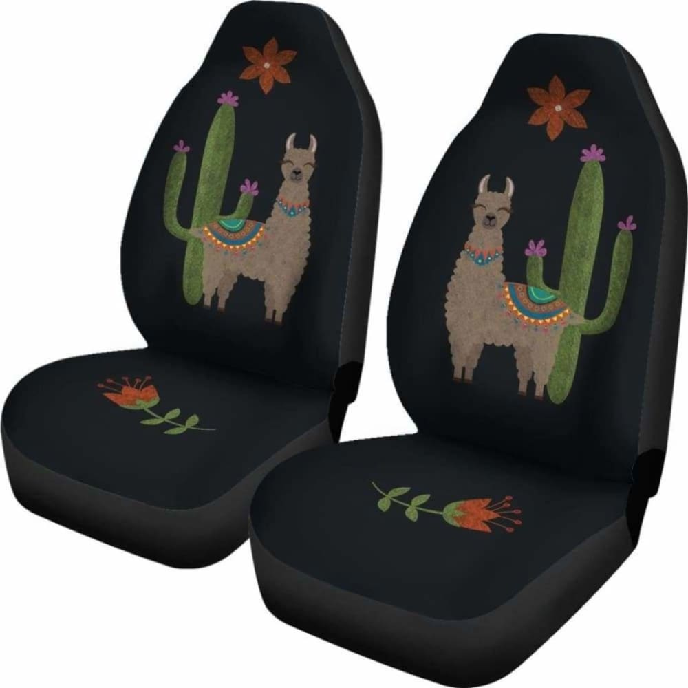 Brown Llama Car Seat Covers with Cactus & Flower Print - Soft Black Fabric for SUVs, Trucks & Sedans - Perfect for Road Trips & Daily Commutes