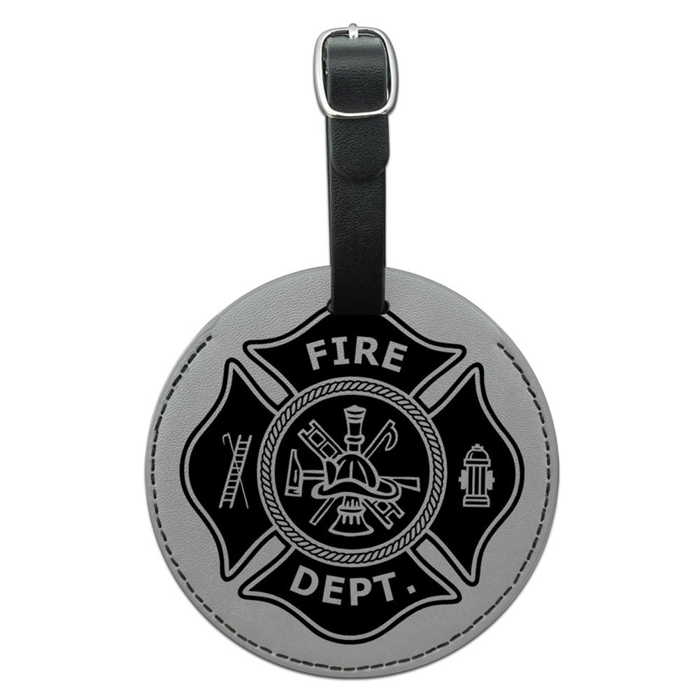 Firefighter Maltese Cross Black Round Leather Luggage ID Tag - Personalized Suitcase Name Tag for Travel Bags - Perfect for Firemen Gifts, Travel Identification & First Responder Appreciation