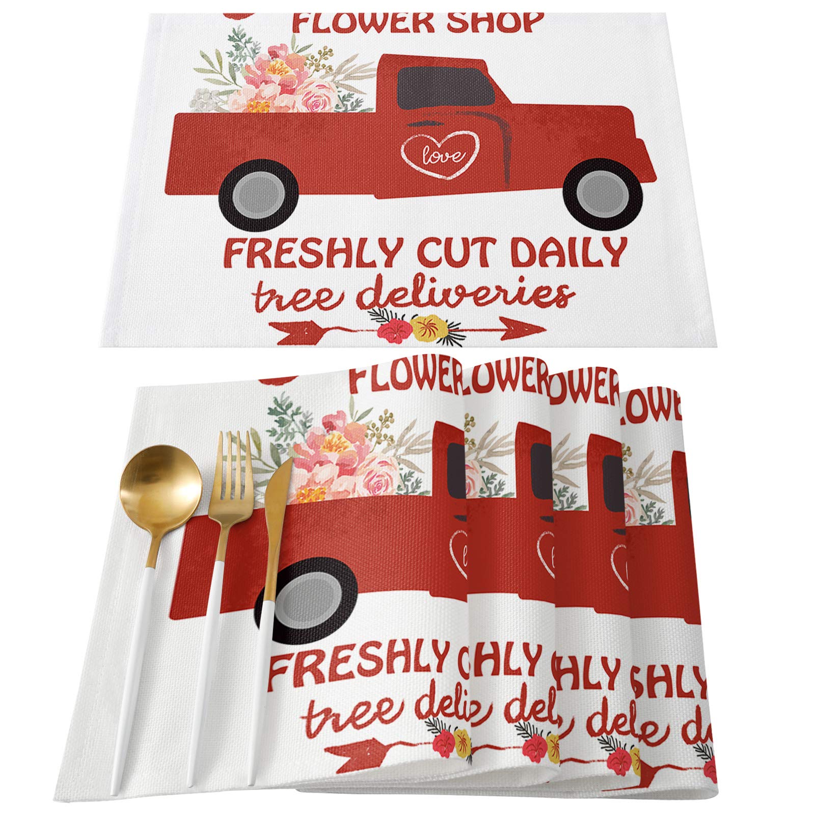 Vandarllin Set of 4 Valentine's Day Placemats - Heat Resistant Polyester Table Mats with Love Truck & Roses Design (Red/Black/White) - Washable Kitchen & Dining Table Decor for Romantic Dinners, Anniversaries & Special Occasions