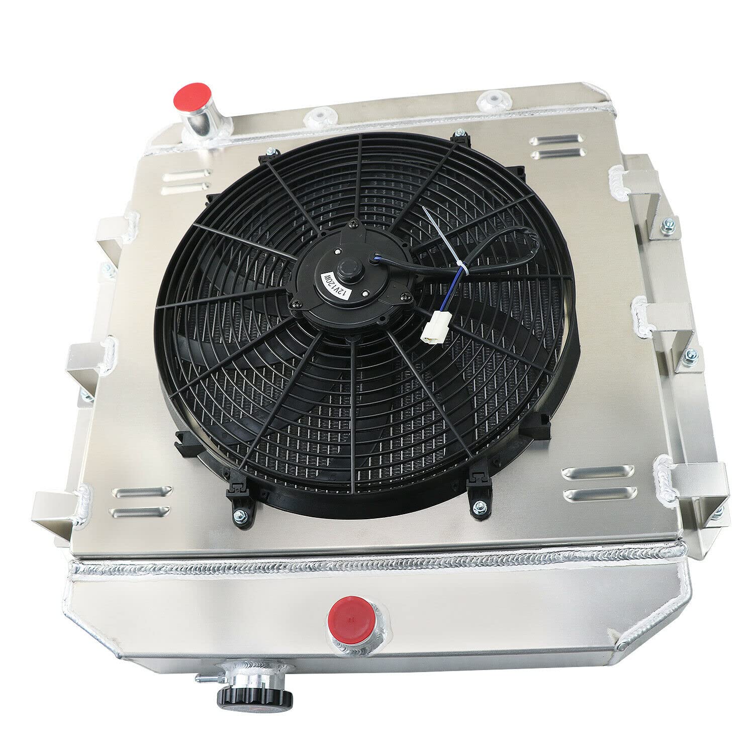 4 Row Aluminum Radiator with Electric Fan Shroud & Thermostat Kit - Compatible with 1955-1959 Chevy Truck, Pickup, Suburban, Apache & GMC Models (1956, 1957, 1958) - Perfect for Classic Car Restoration & Hot Rod Cooling System Upgrades