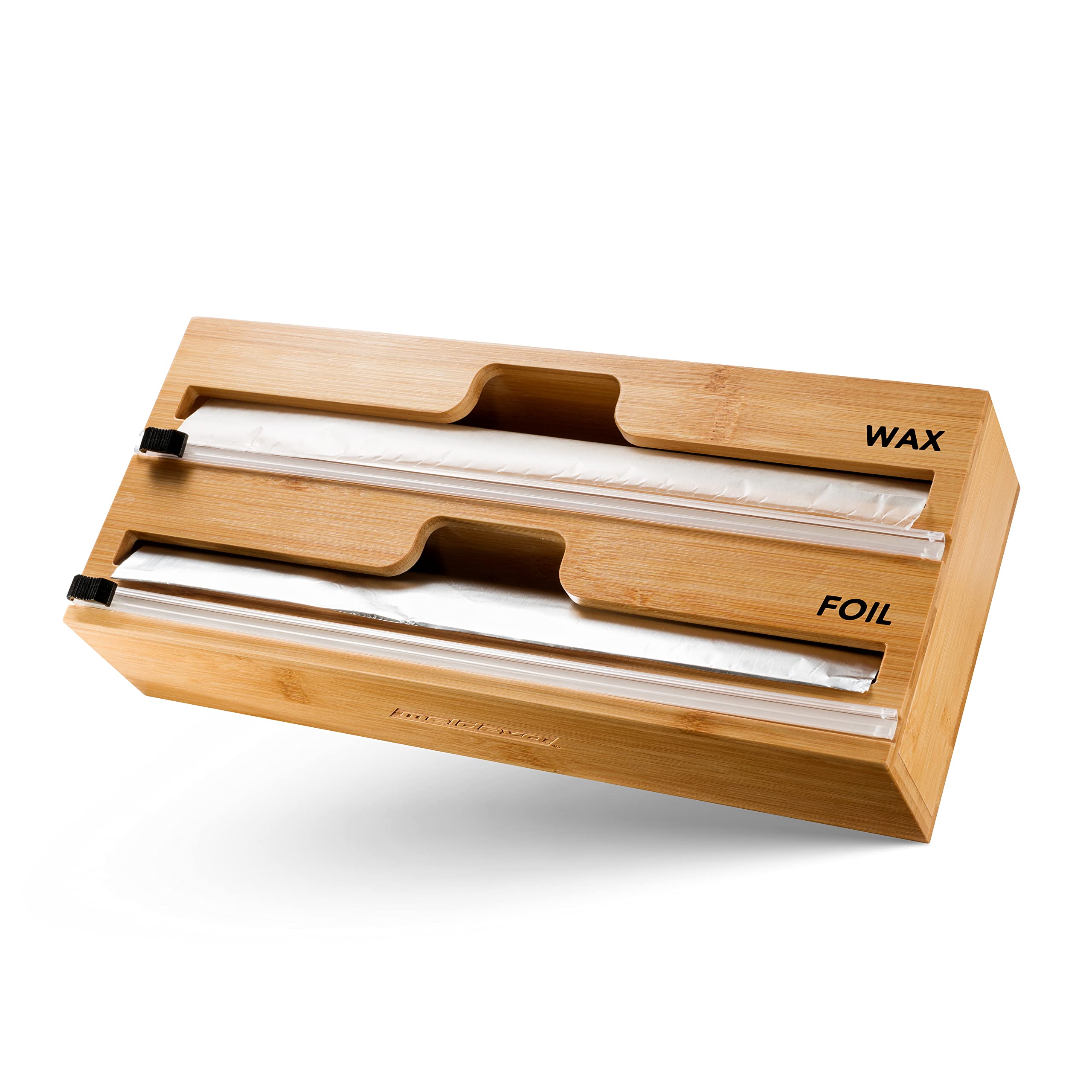 2 in 1 Bamboo Wrap Dispenser with Built-in Cutter & Labels - Kitchen Drawer Organizer for Plastic Wrap, Aluminum Foil & Wax Paper Rolls (Fits 12