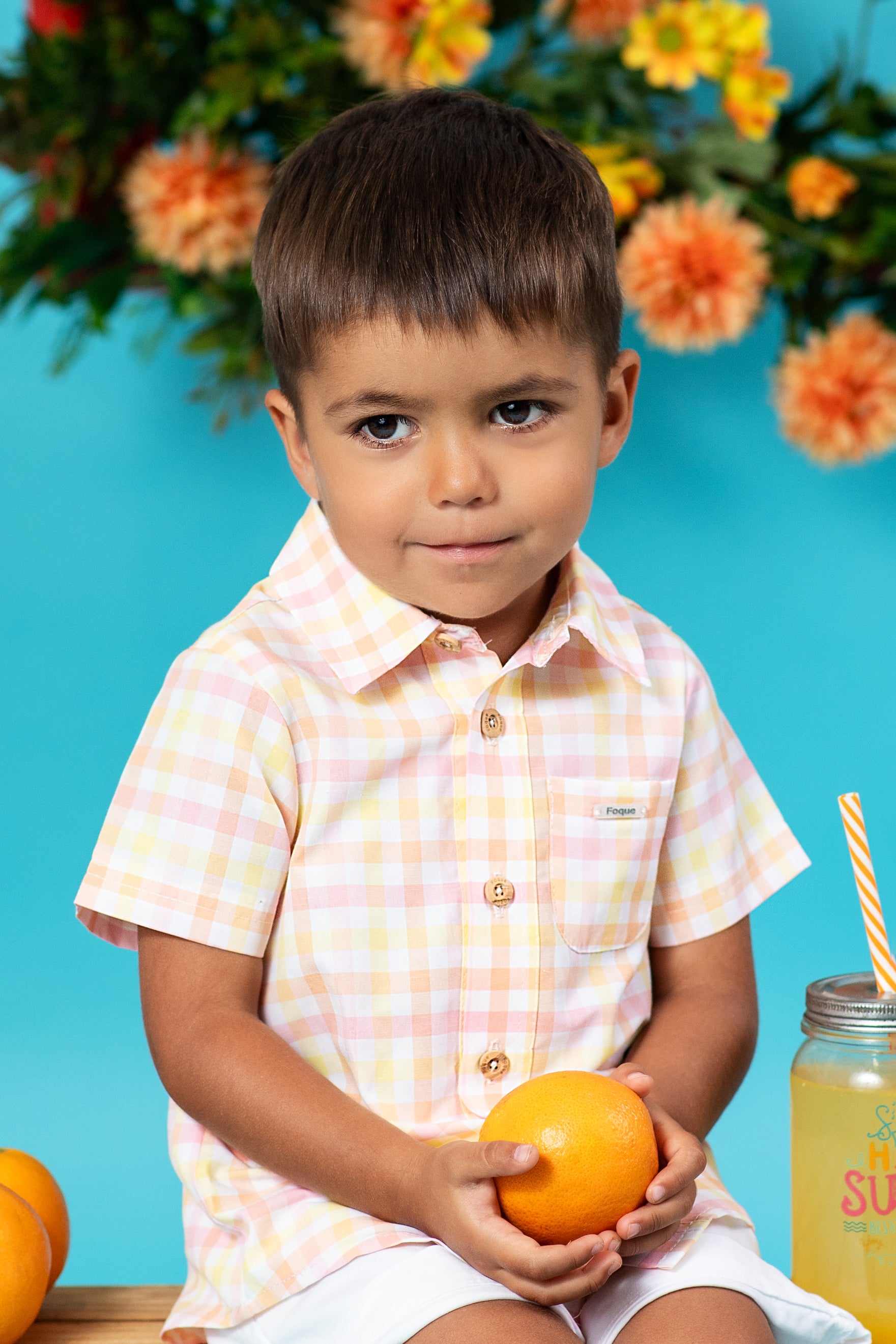 Orion Orange, Pink & Lemon Gingham Shirt & Shorts Set for Boys - Summer Casual Outfit, Beach Wear, Playdate Clothes