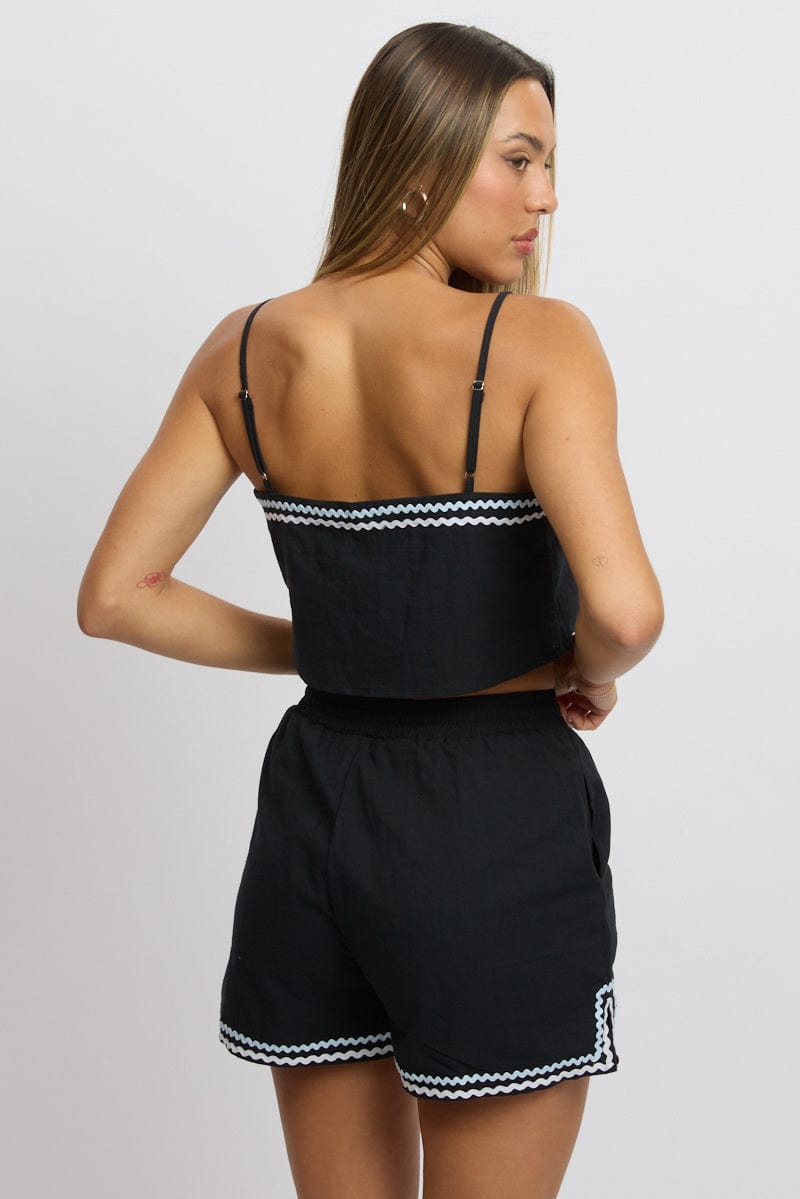 Black Cami Top Sleeveless Ric Rac - Women's Fashion Stretch Tank Top for Casual Wear, Night Out, and Layering