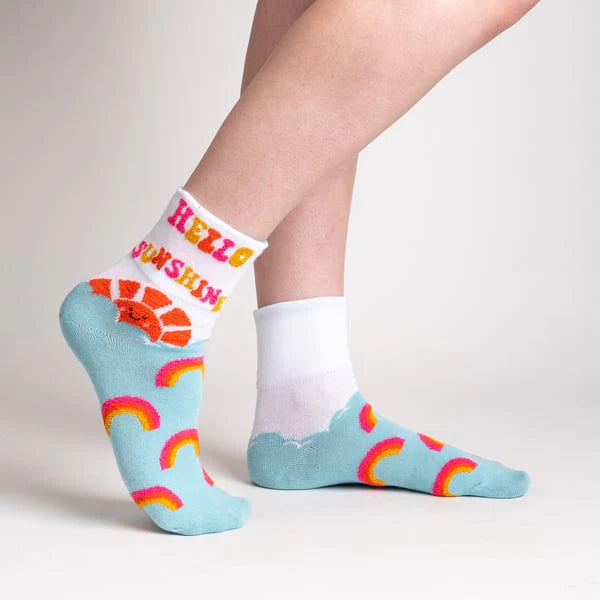 Fun & Colorful Hello Sunshine Turn Cuff Crew Socks for Women - Cute Novelty Socks for Casual Wear, Gifts, and Everyday Comfort