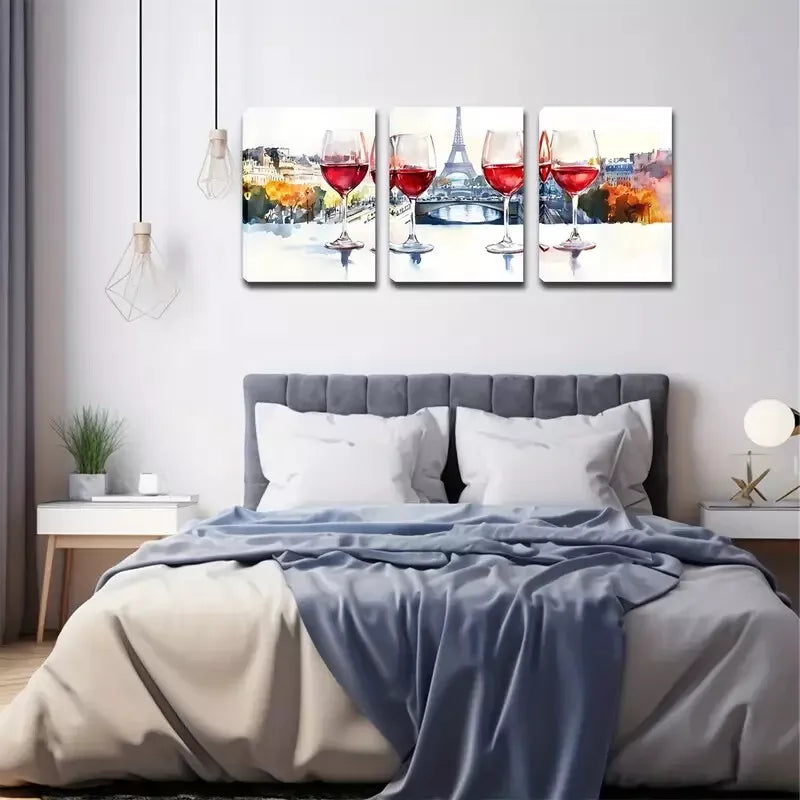 3-Piece Red Wine & Eiffel Tower Wall Art Set - Framed Canvas Decor 40x60cm - High Quality Australian Made Prints - Perfect for Dining Room, Living Room & Home Decor