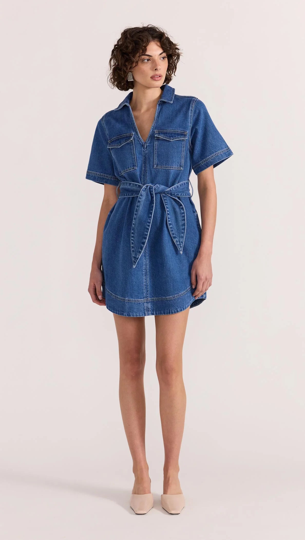 Brooks Women's Mid Blue Denim Short Sleeve Mini Dress - Casual Summer Outfit for Beach, Party & Date Night