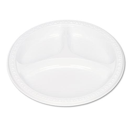 TableMate Products 19644WH 9-Inch White Plastic Compartment Plates - 125 Pack | Durable Dinnerware for Cafeterias, Picnics & Catering Events | BPA-Free Disposable Plates for Parties & School Lunches