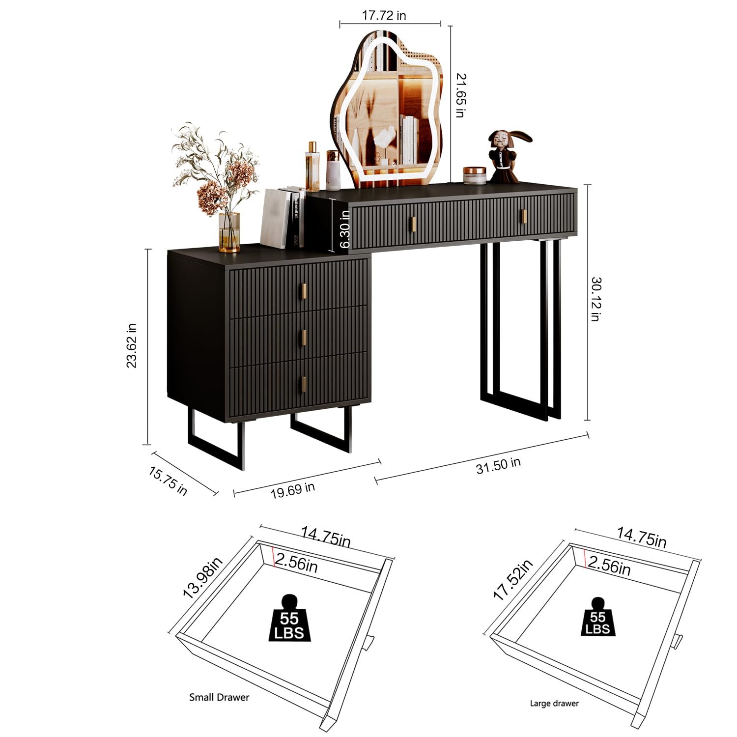 Black Vanity Desk with Mirror & LED Lights - Small Modern Makeup Table with 5 Drawers & Adjustable Storage Cabinet for Bedroom or Dressing Room | Perfect for Makeup Organization, Skincare Routine & Home Decor