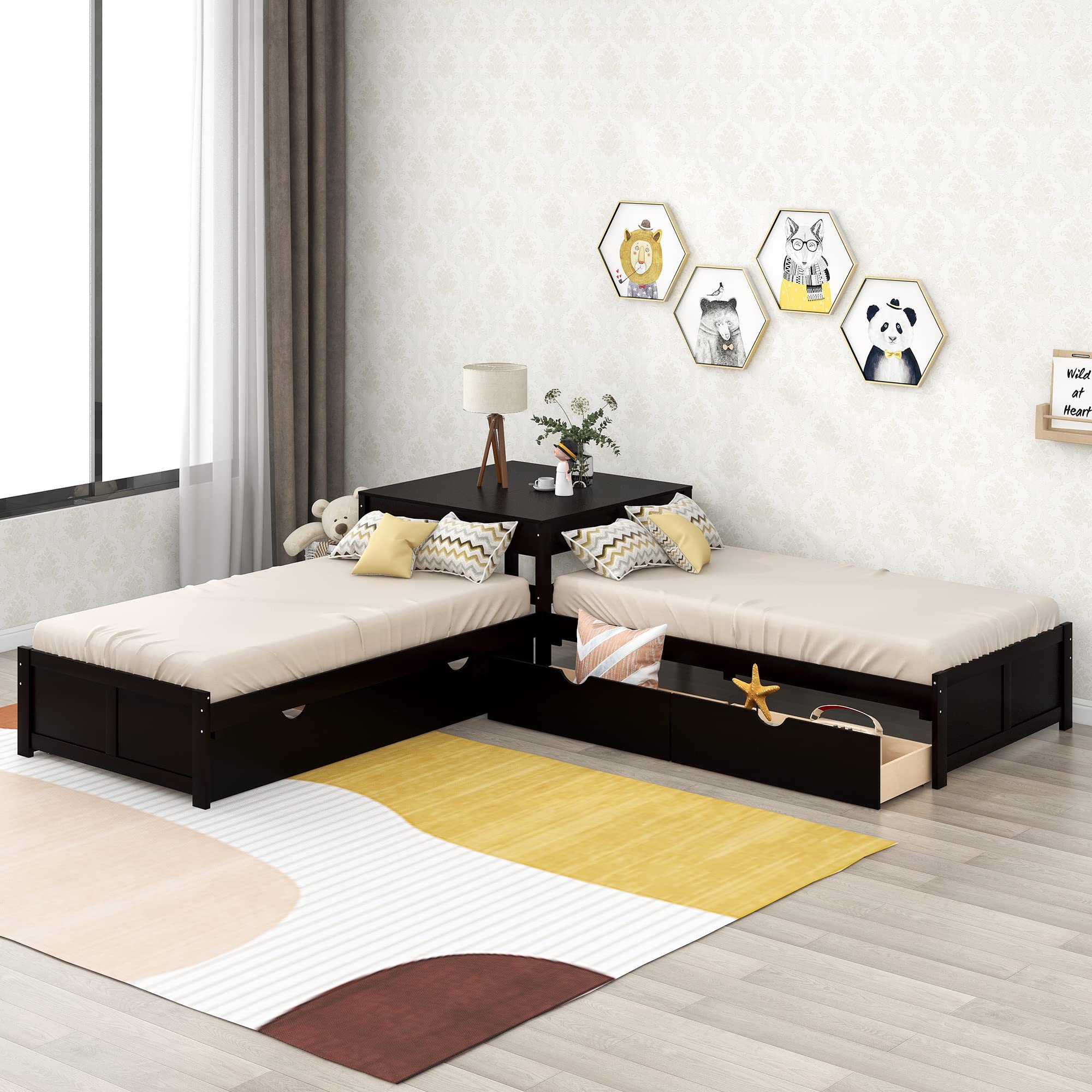 SOFTSEA L-Shaped Corner Beds with Trundle & Storage Drawers - Low Profile Wooden Platform Bed Frame with Built-in Nightstand | Space-Saving Solution for Small Bedrooms & Kids' Rooms