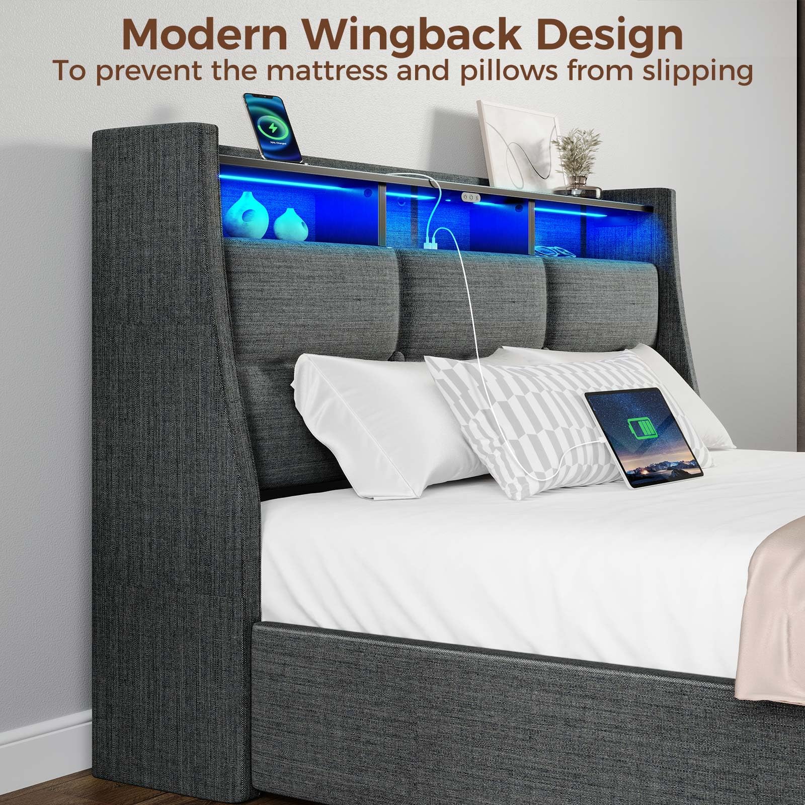 Rolanstar Twin Size LED Bed Frame with USB Charging Station, Upholstered Storage Headboard & Drawers - Sturdy Wood Slats, Easy Assembly - Perfect for Teen Rooms, Small Apartments & Modern Bedrooms