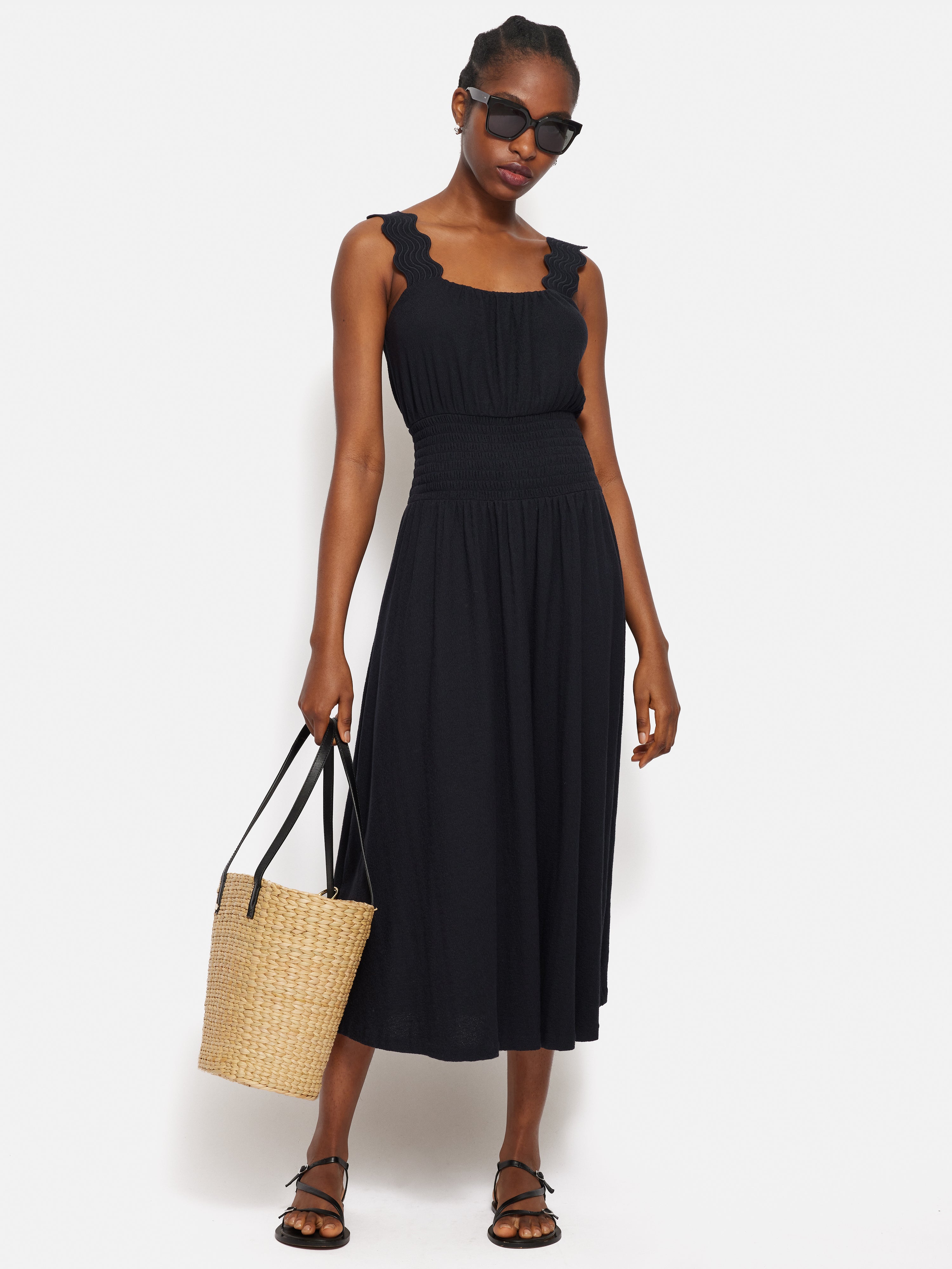 Ric Rac Shirred Dress for Women - Navy Blue Floral Summer Dress with Ruffles | Perfect for Beach, Vacation, and Casual Outings