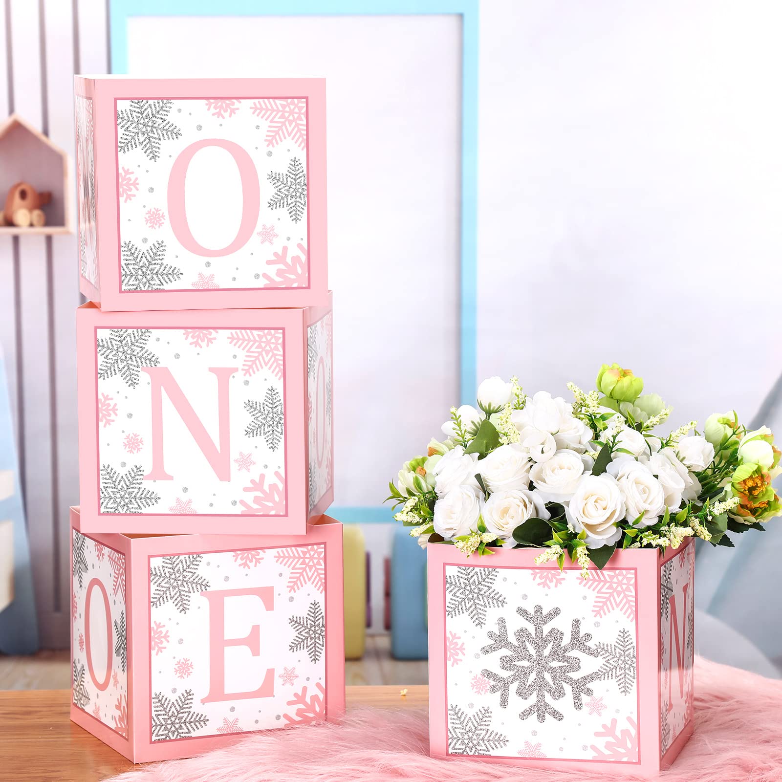6 Pcs Winter Onederland Snowflake 1st Birthday Decorations Set - Floral Centerpiece Boxes for Baby Shower, Girl or Boy First Birthday Party Decor - Perfect for Table Centerpieces, Cake Display & Photo Backdrop Scenes