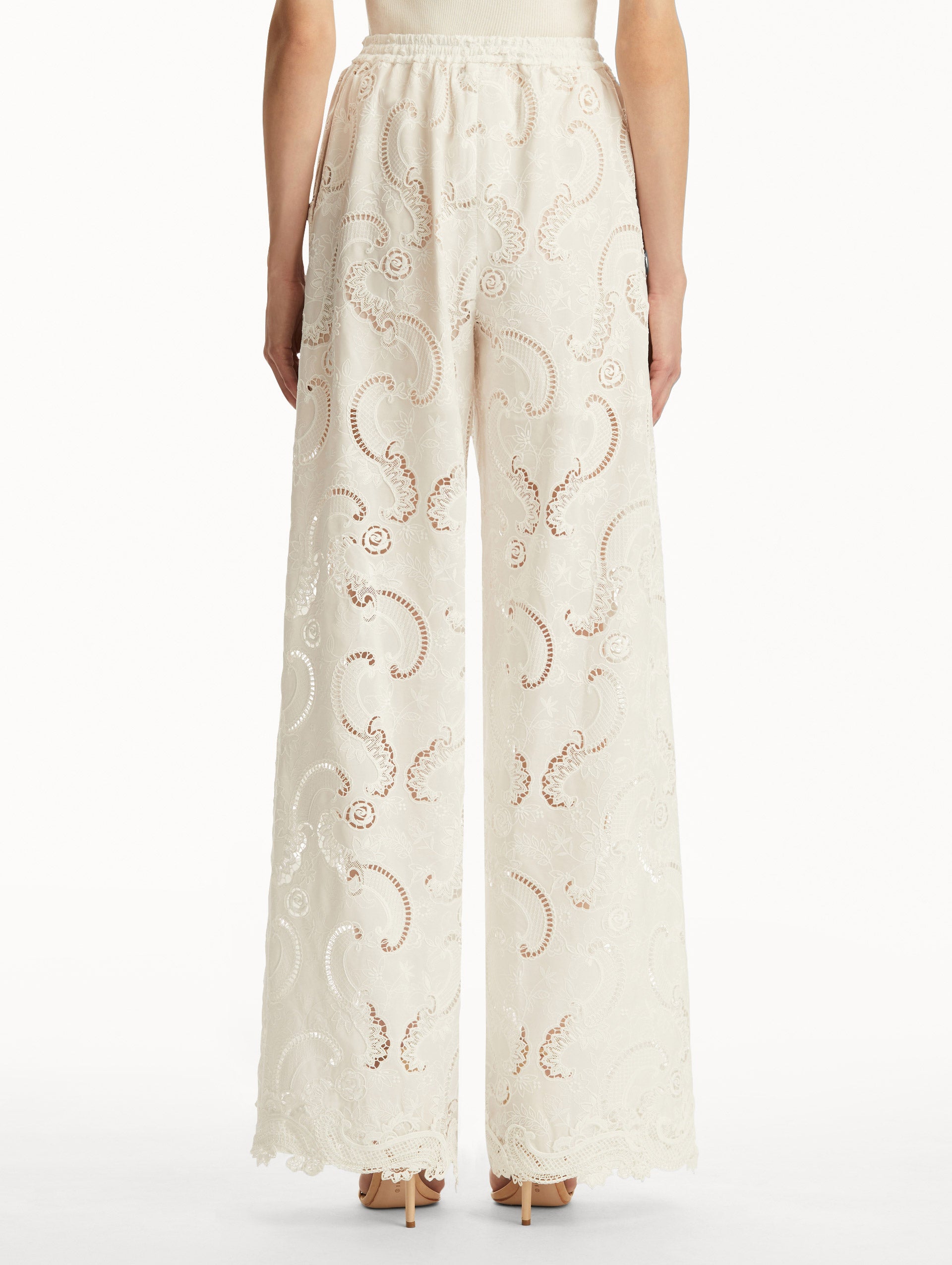 Elegant Scroll Guipure Wide Leg Pants for Women - High Waist Flowy Palazzo Trousers - Perfect for Office, Party & Special Occasions