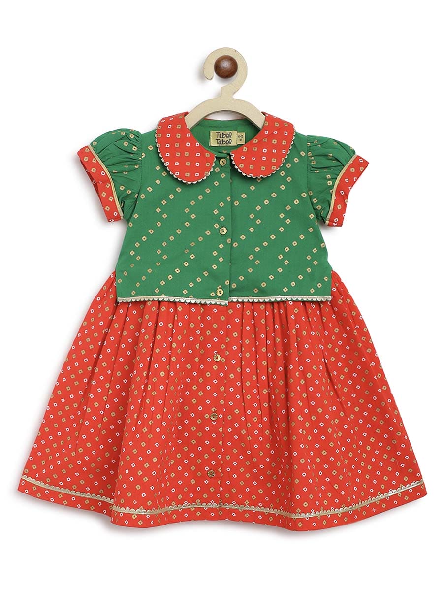 Baby Girl Bandhani Pattu Pavdai Green Traditional Indian Dress for Festivals & Special Occasions