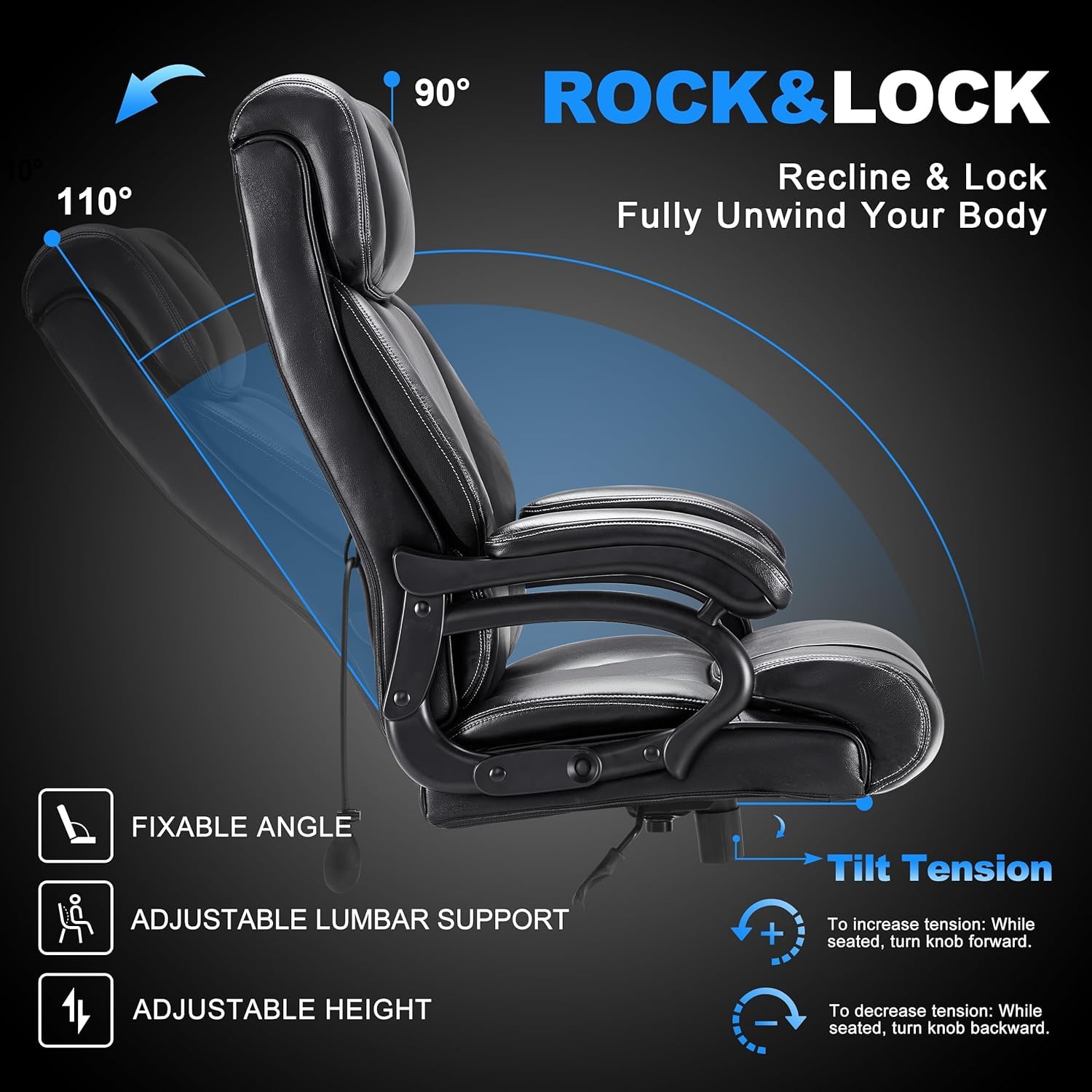 Heavy Duty Big and Tall Office Chair 500LBS Weight Capacity - Ergonomic Executive Chair for Back Pain Relief - Breathable Leather Seat for Long Hours Sitting - Dark Black - Perfect for Home Office, Gaming, and Workspace Comfort