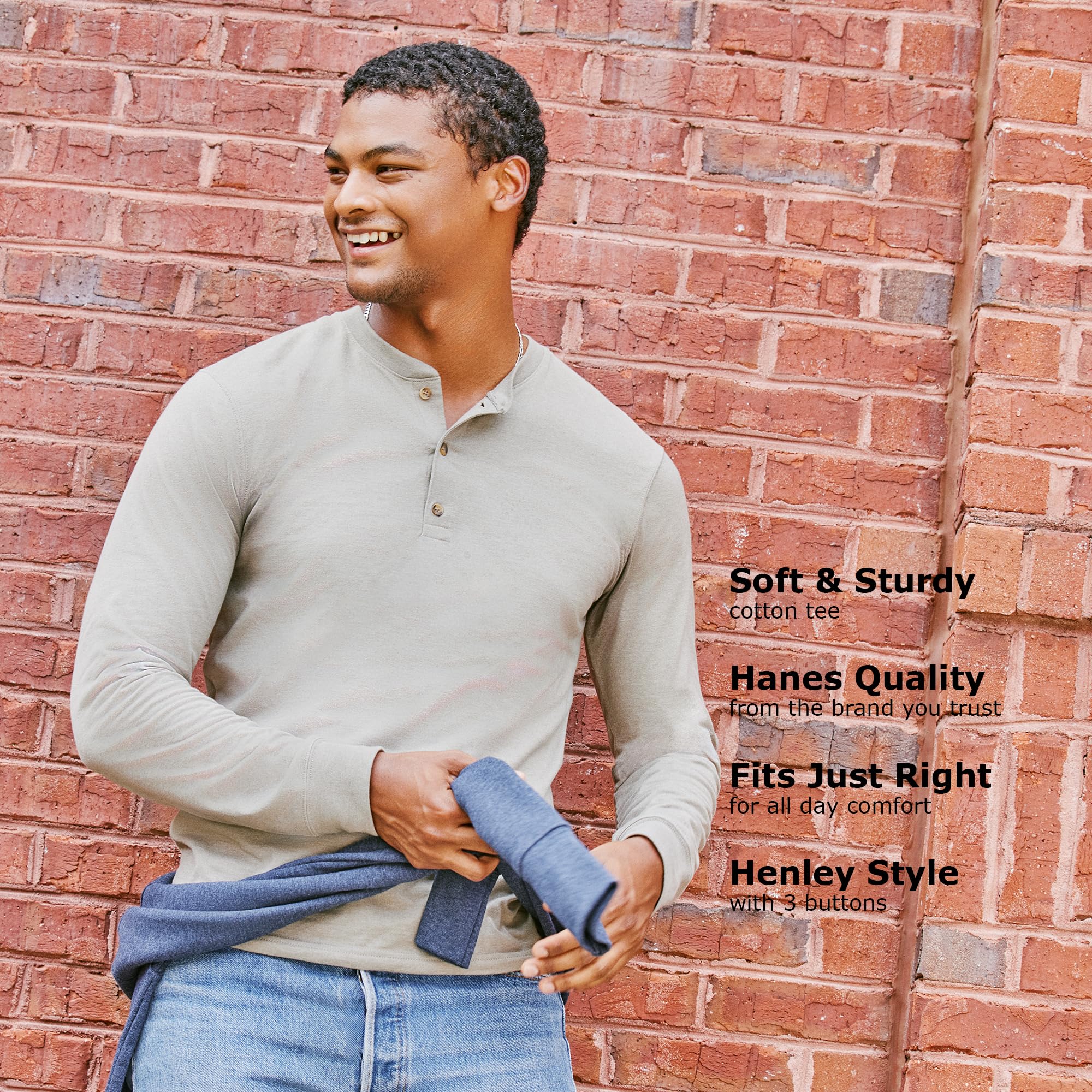 Hanes Men's Beefy-T Long Sleeve Cotton Henley Shirt - Soft Comfortable Casual Wear for Everyday, Work & Outdoor Activities
