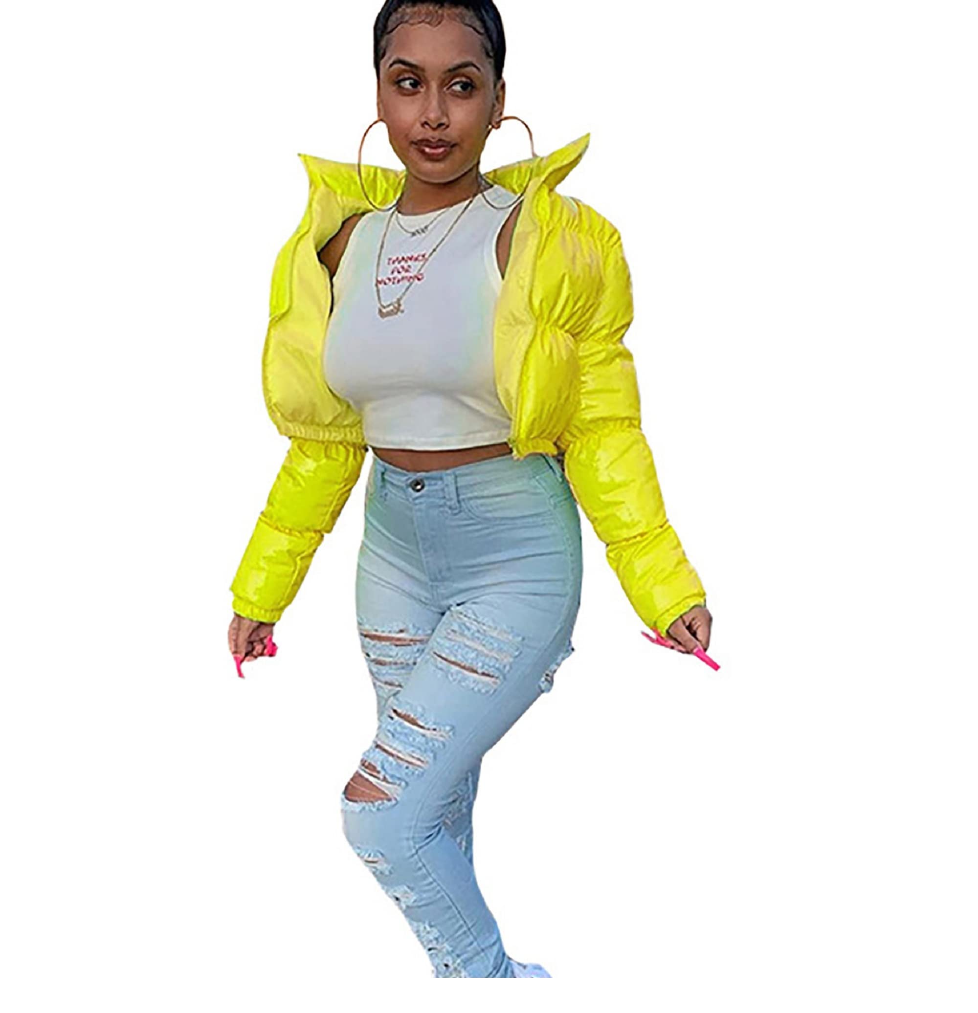 Yabeina Kail Women's PU Leather Shiny Short Puffer Jacket - Stylish Bubble Coat with Zipper for Winter Fashion | Perfect for Casual Outings, Date Nights & Streetwear Looks