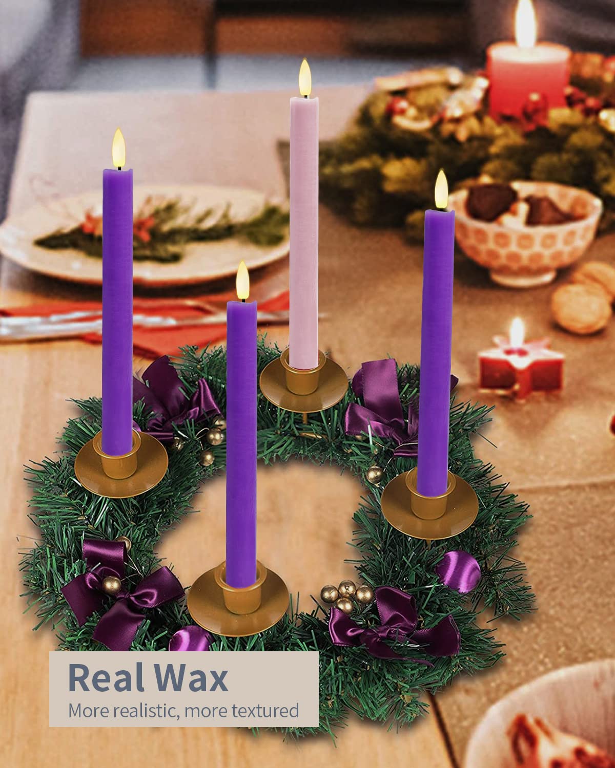 SHYMERY Flameless LED Taper Candles - Battery Operated Electric Candles with Remote Timer, Set of 4 (Purple & Pink) - Real Wax Flickering Flameless Candles for Christmas Decorations, Thanksgiving Centerpieces, Wreath Decor, Wedding & Home Decor
