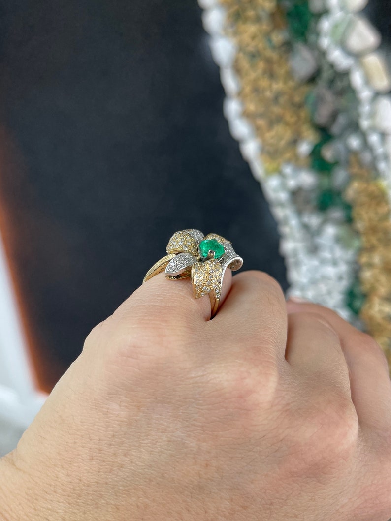 1.75tcw 14K Gold Round Cut Cluster Floral Cocktail Ring with Emerald & Diamond Leaf Design - Elegant Statement Jewelry for Parties, Weddings & Special Occasions