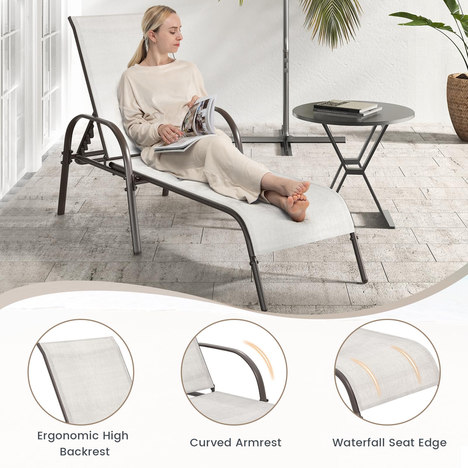 Giantex Set of 2 Adjustable Patio Lounge Chairs - Outdoor Chaise Lounge with 5-Position Backrest, Heavy Duty Steel Frame - Perfect for Sunbathing, Beach, Poolside, Backyard & Balcony Relaxation - Grey