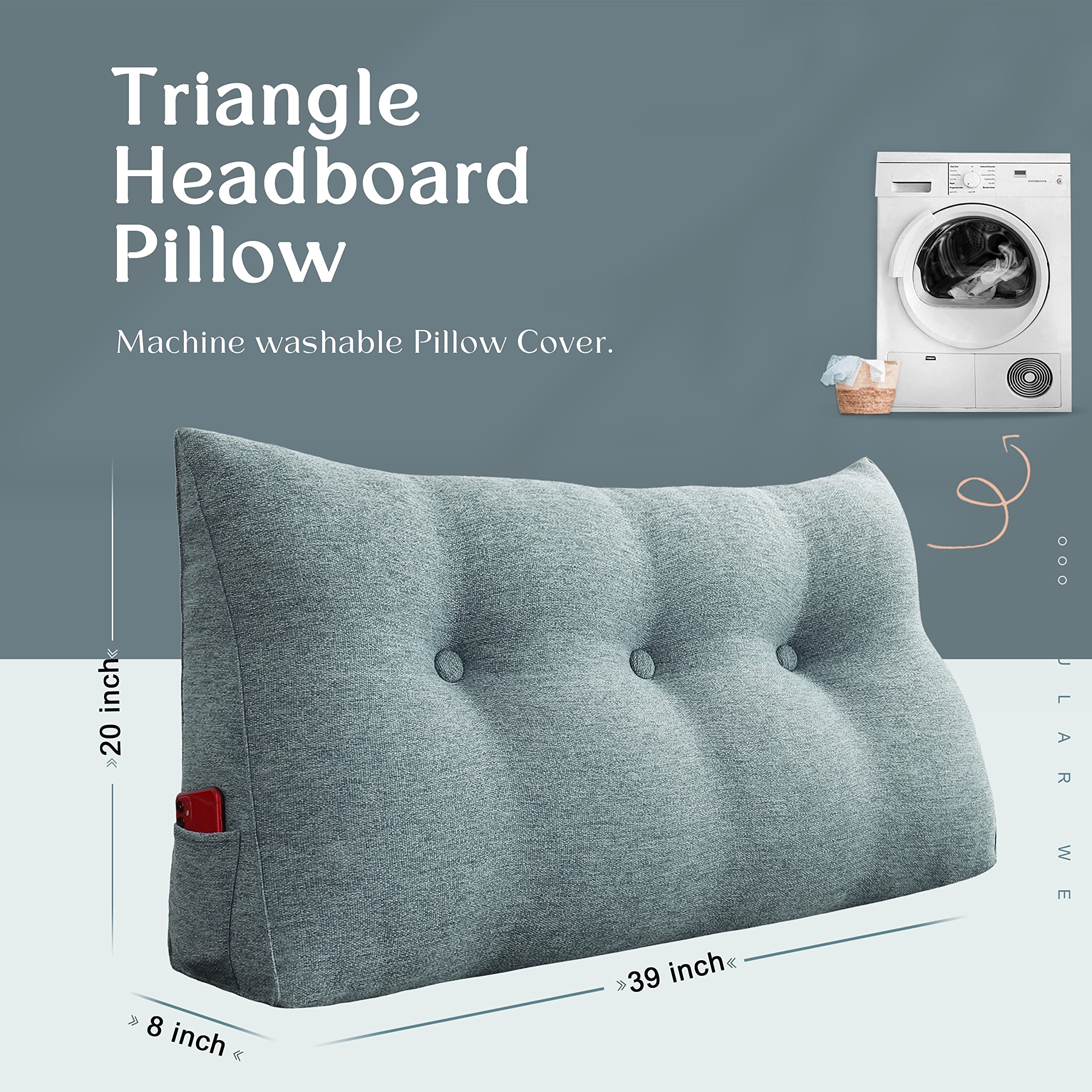 Triangular Headboard Wedge Pillow - Daybed Pillows for Back Support, Bed Headboard Cushion, Reading & Relaxing Pillow, Lumbar Positioning Support, Upholstered Linen Blend Grey (Twin Size) - Perfect for Reading in Bed, Lounging, or Watching TV