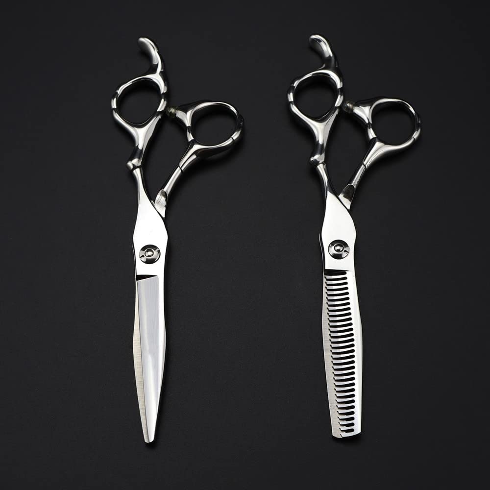 Professional 6 Inch Barber Scissors - Japan 440C Stainless Steel Hair Cutting & Thinning Shears for Salon & Home Use - Hairdresser Tools for Precision Styling & Trimming (Silver, Set)