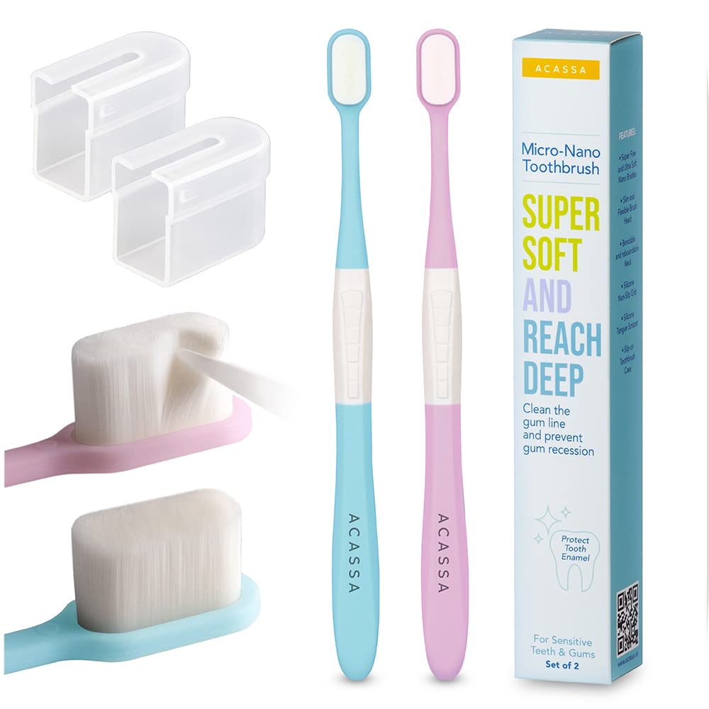 Super Soft Nano Toothbrush for Adults & Kids - 20,000 Micro Bristles for Sensitive Teeth & Gums - Slim Design with Travel Case (Pink/Blue) - Gentle Dental Care for Home & Travel