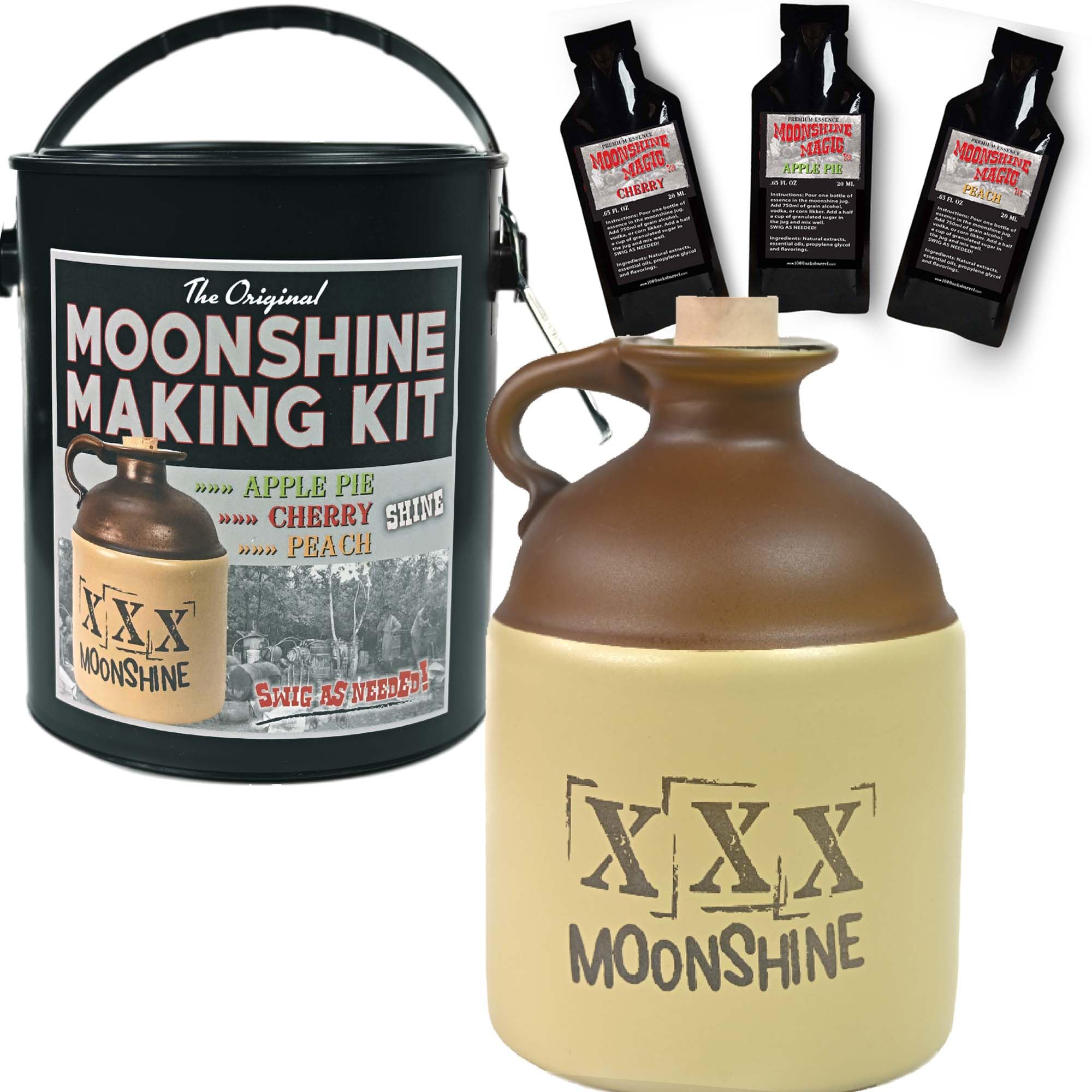 DIY Moonshine Making Kit for Men - Home Distilling Kit with 750ml Glass Jug & Apple Pie, Cherry, Peach Flavorings - Perfect for Homemade Whiskey, Gifts & Craft Cocktails