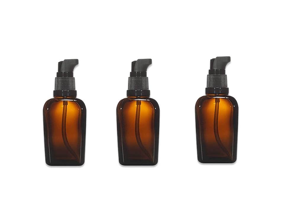 Pharcos 30ml Empty Refillable Square Amber Glass Bottle with Black Cream Lotion Pump - 3 Pack for Makeup, Face Cream, Facial Cleanser, Toner & Travel Toiletries | Perfect for DIY Skincare, Beauty Products & Travel Essentials